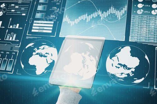 Preview: Close Up Of Hand Holding Tablet On Binary Code Background With Digital Business Interface. Network
