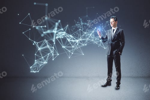 Preview: Attractive Young European Businessman Using Smartphone With Abstract Polygonal Network Mesh