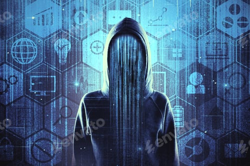 Preview: Hacker On Abstract Concrete Blue Interface Background With Digital Business Icons. Hacking And