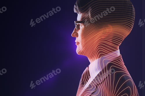 Preview: Portrait Of Attractive Young European Male With Digital Lines On Blue Background With Mock Up