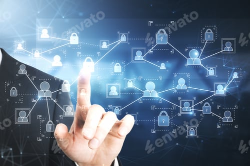 Preview: Businessman Hand Touching Digital Screen With Cyber Icons At Abstract Blue Background.