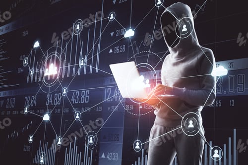 Preview: Hacker Holding Laptop With Glowing Human Resource Interface And Business Infographic. Communication