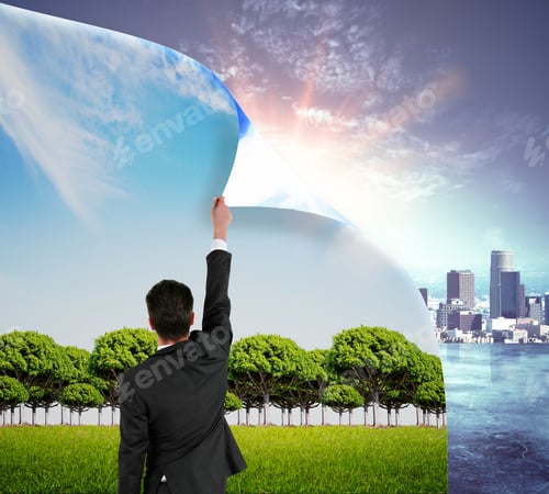 Preview: Abstract Image Of Businessman Flipping Page With Landscape, Opening Page With City. Urbanization