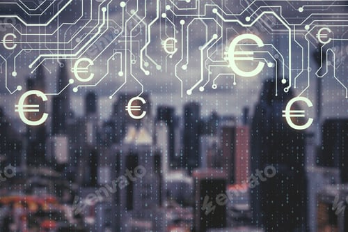 Preview: Abstract Glowing Money Circuit On Glowing Night City Background. Euro And Cryptocurrency