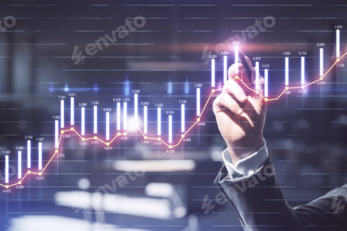 Preview: Businessman Hand Drawing Candlestick Infographic On Virtual Screen. Finance And Trade Concept.
