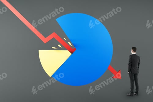 Preview: Crisis Concept With Businessman Looking At Red Arrow Breaking Business Diagram At Dark Background.