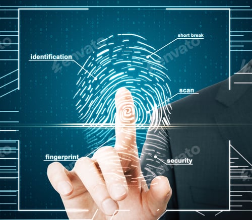 Preview: Hand Using Creative Finger Print Scan Hud On Blue Background. Id And Security Concept. Double