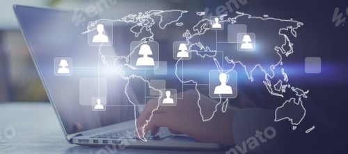 Preview: Close Up Of Hands Using Laptop And Smartphone With Glowing Map And People Icons. Social Media And