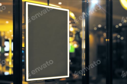 Preview: Side View Of Empty Black Picture Frame Hanging On Blurry Shop Window. Commerece Concept