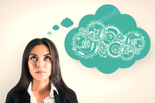 Preview: Portrait Of Attractive Young Businesswoman Thinking Of Cogwheels Sketch On White Background