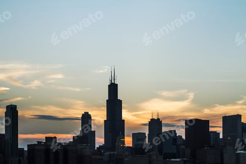 Preview: Chicago Skyline With Skyscrapers Silhouette On The Sunset