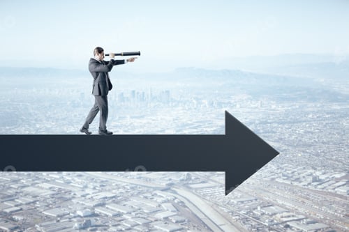 Preview: Businessman Standing On Abstract Arrow And Using Telescope To Look Into The Distance On Sky