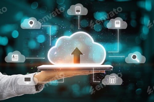 Preview: Close Up Of Businessman Hand Holding Tablet With Abstract Digital Cloud On Blurry Server Room