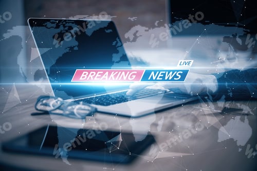 Preview: Close Up Of Businessman Hand Using Laptop With Polygonal Network And Map On Blurry Blue Breaking