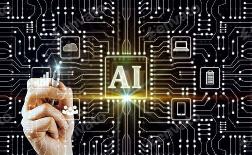 Preview: Hand Using Glowing Ai Circuit Interface On Dark Background. Artificial Intelligence Concept