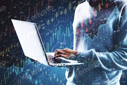 Vista previa: Side View Of Hacker Hands Using Laptop With Candlestick Forex Chart On Blurry Background. Trade And