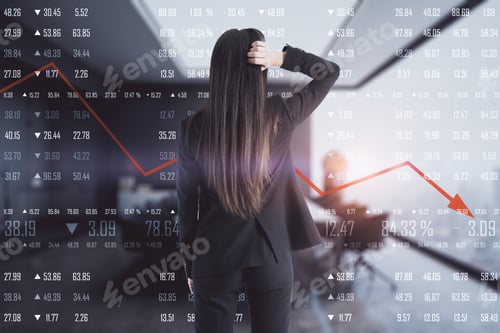 Preview: Back View Of Young Businesswoman On Blurry Office Interior Background With Economic Decline