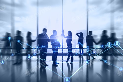 Preview: Businesspeople Working Together In Office With Abstract Glowing Polygonal Network With People Icons