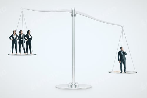 Preview: Businesswomen And Men On Scales. Equality And Teamwork Concept.