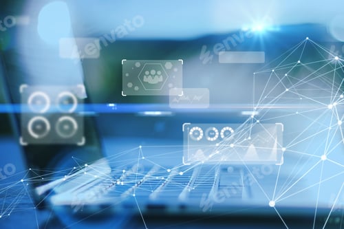 Preview: Close Up Of Laptop With Abstract Glowing Polygonal Business Chart Interface Hologram On Blurry