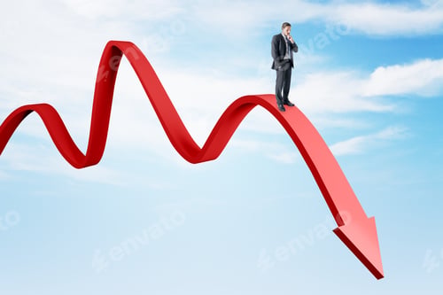 Preview: Thoughtful European Businessman Balancing On Abstract Falling Red Arrow On Sky Backdrop. Crisis