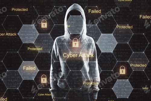 Preview: Cyber Security Concept With No Face Hacker And Digital Screen With Security Symbols And Lock
