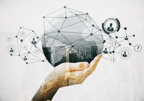 Preview: Close Up Of Hand Holding Abstract Globe With Connections On City Background. Connectivity Concept