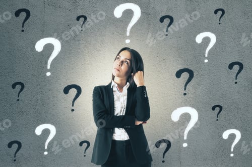 Preview: Portrait Of Attractive Young Businessman With Question Marks. Ask And Doubt Concept