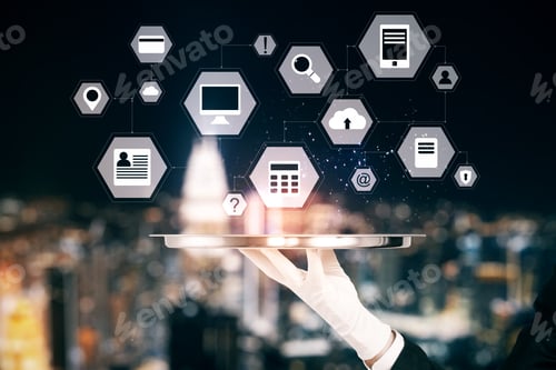 Preview: Hand Holding Abstract Digital Business Interface On Blurry Night City Background. Technology And