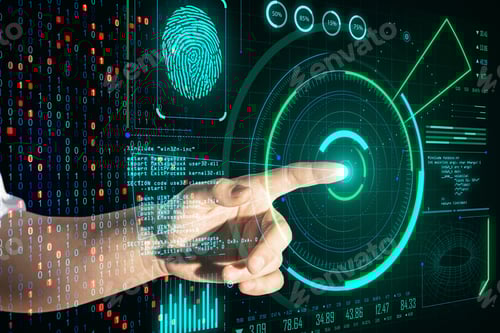 Preview: Hand Pushing Digital Business And Security Interface. Global Business And Communication Concept.