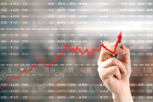 Preview: Hand Drawing Upward Red Arrow On Blurry City Background. Increase, Trade And Economy Concept
