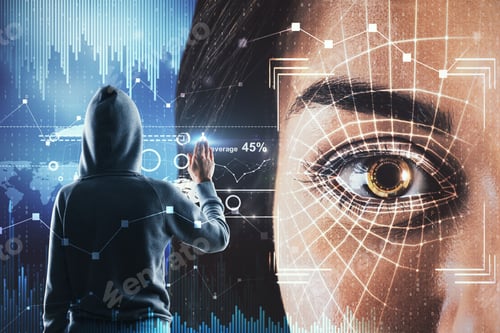 Preview: Hacker With Biometric Interface Face Id. Hacking And Access Concept. Double Exposure