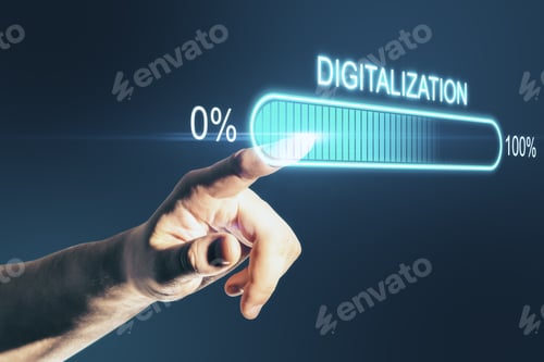 Preview: Digital Transformation Concept With Man Finger In Virtual Loading Bar Element Icon With