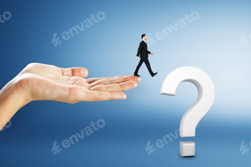 Preview: Businessmen Walking Towards Question Mark On Blue Sky Background. Confusion And Faq Concept