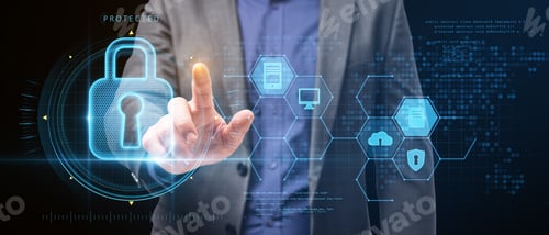 Preview: Close Up Of Business Man Hand Pointing At Abstract Glowing Keyhole Padlock Interface On Blurry