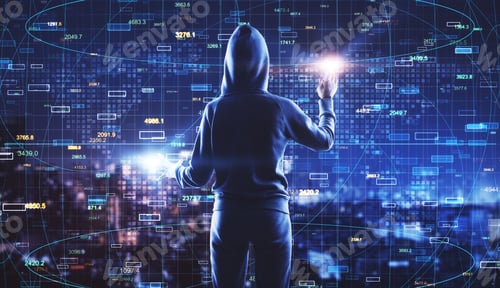 Preview: Back View Of Hacker Using Glowing Forex Interface On Blurry Night City Background. Hud, Hacking And