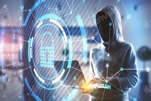 Preview: Antivirus And Data Protection Concept With No Face Person In Sport Suit With Laptop In Front Of