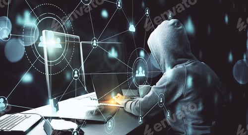 Preview: Hacker Using Computer With Glowing Human Resource Interface. Communication And Malware Concept.
