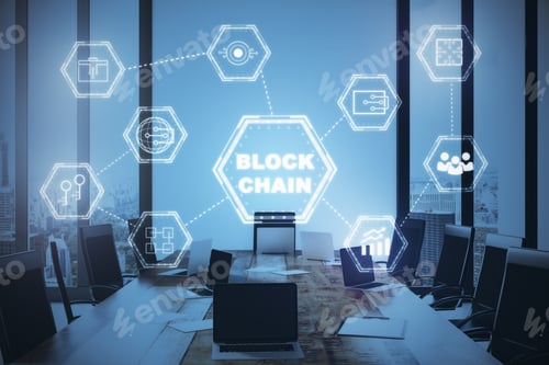 Preview: Close Up Of Table With Equipment In Conference Room With Digital Block Chain Hologram. Innovation