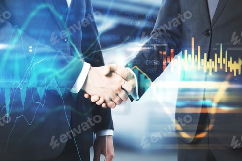 Preview: Businessmans Shaking Hands With Glowing Stock Chart. Money And Trade Concept. Multiexposure