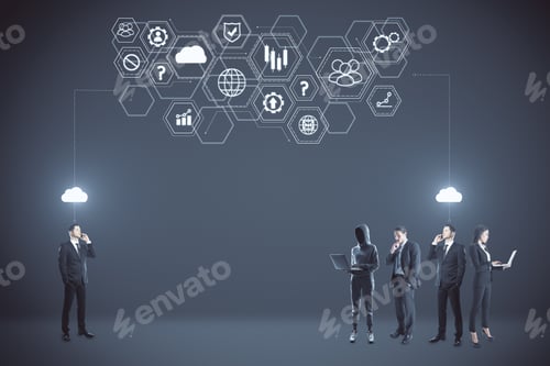 Preview: Businesspeople And Hacker And Glowing Creative Digital Business Interface With Icons On Dark