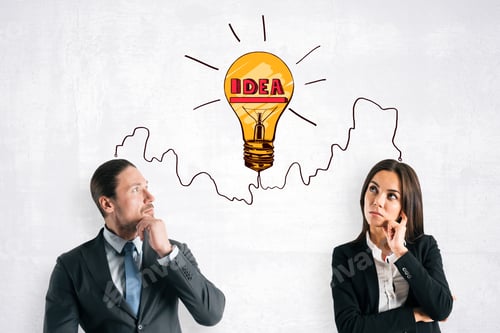 Preview: Attractive Young European Businessman And Woman Standing On Concrete Background With Lamp Sketch