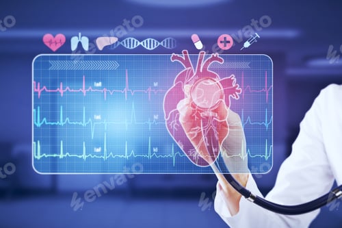 Preview: Close Up Of Female Doctor Hand With Stethoscope Examining Abstract Glowing Medical Cardiology