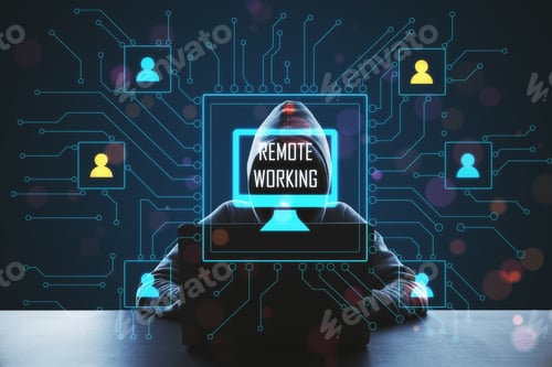 Preview: Hacker Using Laptop With Glowing Remote Work Interface. Remote Access Chain Communication Concept.