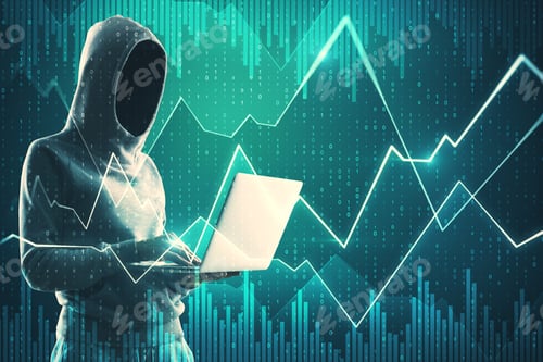 Preview: Malware And Trade Concept. Side View Of Hacker Using Laptop With Glowing Forex Chart On Blurry