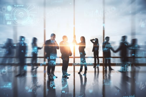 Preview: Backlit Businesspeople Working Tohether In Abstract Creative Blurry Office Interior With Business