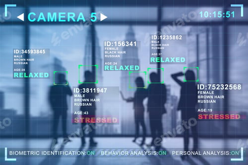 Preview: Abstract Image Of Businessmen And Women In Blurry Office Interior With Camera Cctv Facial