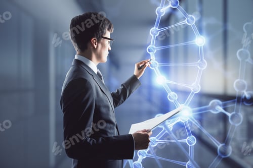 Preview: Bioengineering Concept With Businessman Writing On Digital Touch Screen With Glowing Dna Strand