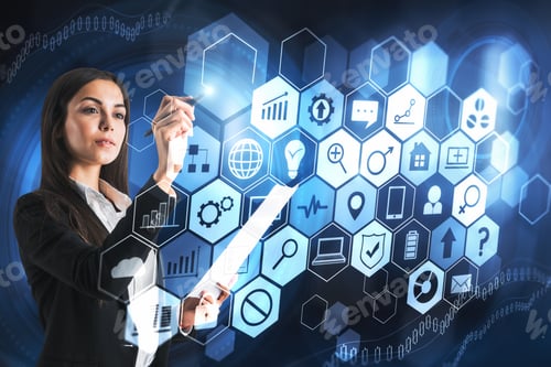 Preview: Attractive Young European Businesswoman With Digital Business Interface On Blurry Background