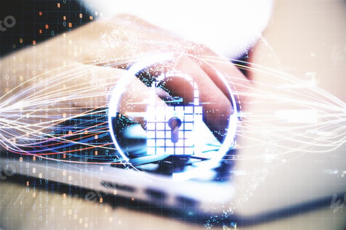 Preview: Close Up Of Hands Using Laptop With Digital Padlock Interface On Desktop And Blurry Background